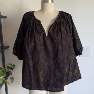 ROBERTA ROLLER RABBIT Metallic Gold/Black V-Neck Peasant Blouse-Size L-RRP $158